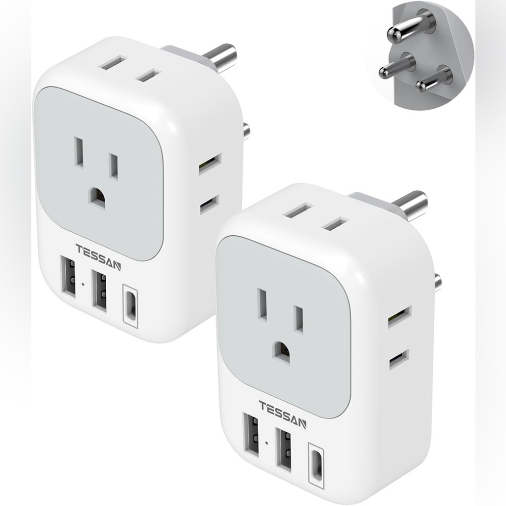 US to India Plug Adapter 2 Pack, TESSAN Adapter with 4 Outlets 3 USB Charger - Picture 1 of 13